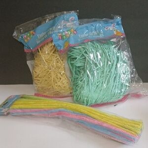 Easter Grass and Pipe Cleaners Set - Yellow, Green, Pink, Blue Pastel NEW